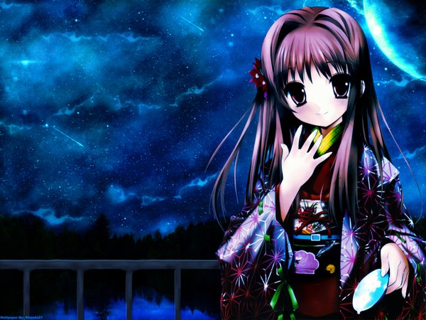 Anime picture 1600x1200 with long hair brown hair japanese clothes black eyes night night sky girl kimono moon star (stars)