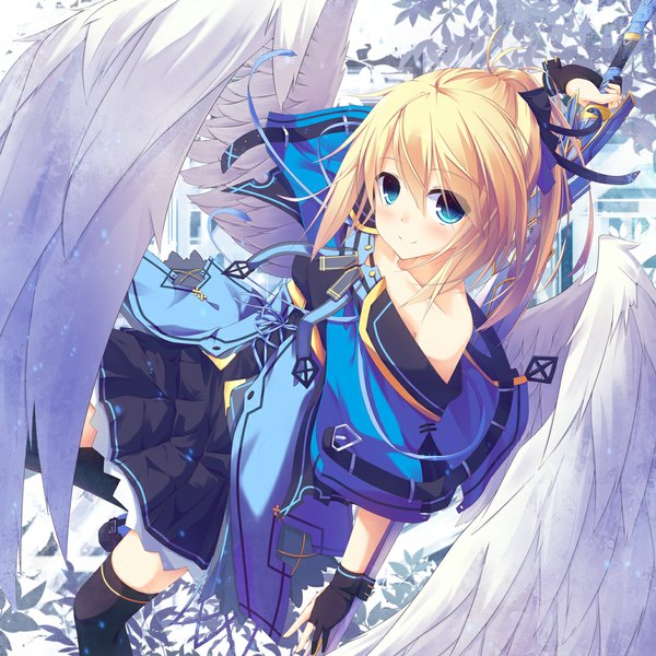 Anime picture 1042x1042 with original nagishiro mito single long hair looking at viewer blue eyes blonde hair smile ponytail girl thighhighs dress weapon black thighhighs wings