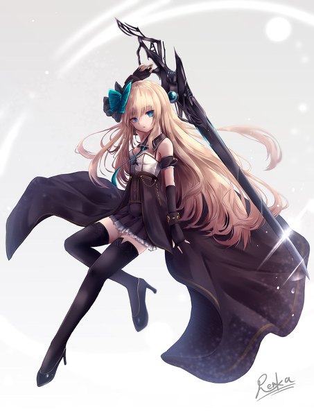 Anime picture 906x1200 with original renka (cloudsaikou) single long hair tall image looking at viewer fringe breasts blue eyes blonde hair hair between eyes holding signed full body pleated skirt arm up blurry high heels zettai ryouiki floating hair