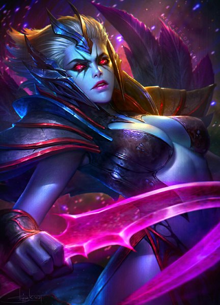 Anime picture 800x1111 with dota 2 (game) vengeful spirit (dota 2) nudtawut thongmai single tall image looking at viewer short hair light erotic red eyes silver hair lips realistic blue skin girl weapon