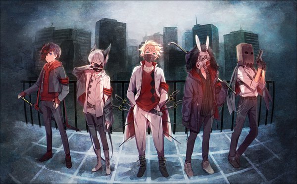 Anime picture 1400x868 with original hakusai (tiahszld) looking at viewer short hair blue eyes black hair blonde hair wide image standing animal ears silver hair full body aqua eyes open jacket multiple boys bunny ears fur trim revision sheathed mask on head