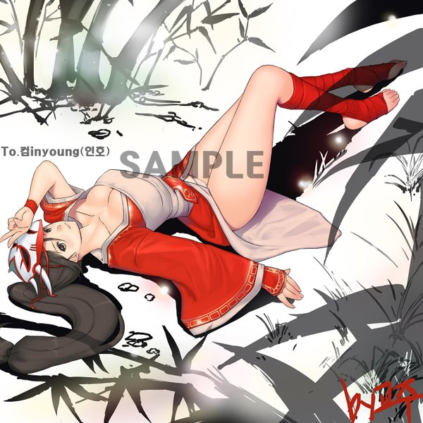 Anime picture 1350x1350 with league of legends akali (league of legends) gyojumitte (pixiv id1888296) single long hair light erotic black hair lying black eyes legs watermark chinese clothes mask on head sample watermark girl mask