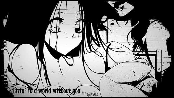 Anime picture 1456x826 with sayonara zetsubou sensei shaft (studio) komori kiri tagme (artist) single long hair open mouth black hair wide image bare shoulders looking away very long hair monochrome girl