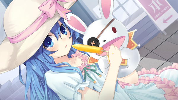 Anime picture 1280x720 with date a live yoshino (date a live) yoshinon long hair blush blue eyes wide image blue hair game cg loli girl dress hat food sweets toy stuffed animal ice cream hand puppet