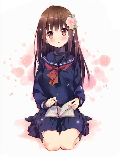 Anime picture 855x1120 with original ech long hair tall image looking at viewer blush fringe simple background brown hair white background sitting brown eyes hair flower girl uniform hair ornament flower (flowers) school uniform book (books)