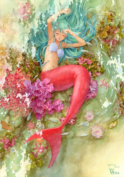Anime picture 900x1277 with original efira tall image signed lying eyes closed aqua hair underwater sleeping traditional media watercolor (medium) stream girl navel flower (flowers) fish (fishes) mermaid coral