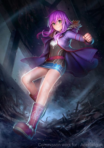 Anime picture 800x1132 with nudtawut thongmai single long hair tall image smile green eyes purple hair open clothes open jacket legs girl jacket boots hood