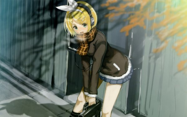 Anime picture 2560x1600 with vocaloid kagamine rin saitom single highres short hair blonde hair wide image standing leaning leaning forward exhalation cropped girl skirt headphones scarf plaid scarf