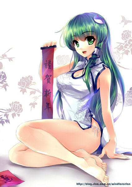 Anime picture 818x1156 with touhou kochiya sanae windforcelan single long hair tall image looking at viewer blush light erotic smile green eyes traditional clothes green hair legs chinese clothes girl underwear panties hair tubes chinese dress