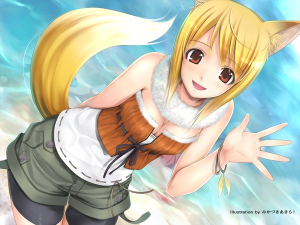 Anime picture 1280x960 with mikazuki akira short hair blonde hair red eyes animal ears cleavage animal tail fox ears fox tail fox girl girl shorts