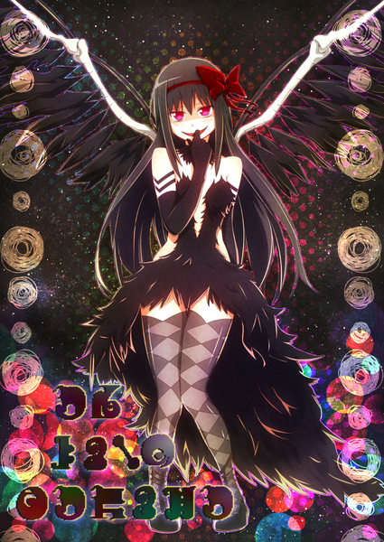 Anime picture 752x1062 with mahou shoujo madoka magica shaft (studio) akemi homura ruka (naritayuzu) single long hair tall image looking at viewer black hair smile red eyes bare shoulders girl thighhighs dress gloves wings elbow gloves hairband