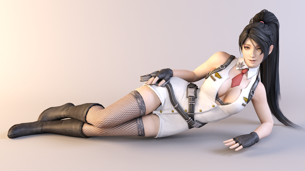 Anime picture 1920x1080 with dead or alive ninja gaiden momiji (ninja gaiden) dnxpunk single long hair highres breasts light erotic black hair simple background wide image ponytail lips orange eyes 3d girl thighhighs gloves boots