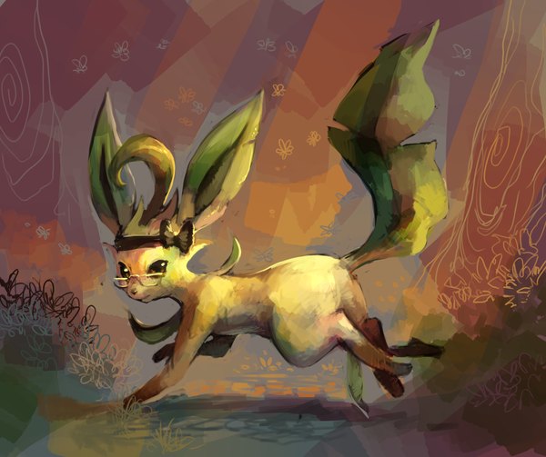 Anime picture 2332x1955 with pokemon nintendo leafeon glitchedpuppet highres brown background gen 4 pokemon bow ribbon (ribbons) plant (plants) animal glasses pokemon (creature)