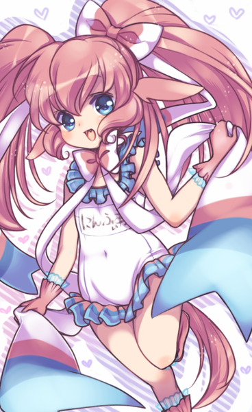 Anime picture 628x1024 with pokemon moemon nintendo sylveon ro (igris-geo) single tall image looking at viewer blush open mouth blue eyes twintails pink hair very long hair girl gloves bow swimsuit hair bow white school swimsuit