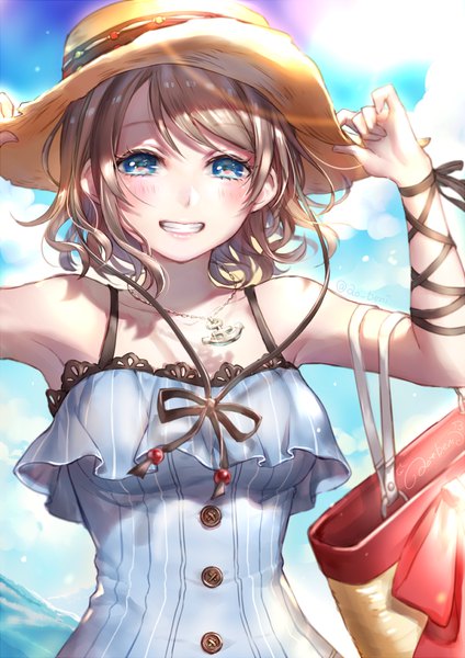 Anime picture 848x1200 with love live! sunshine!! sunrise (studio) love live! watanabe you ao+beni single tall image looking at viewer blush fringe short hair open mouth blue eyes smile brown hair bare shoulders sky cloud (clouds) upper body outdoors