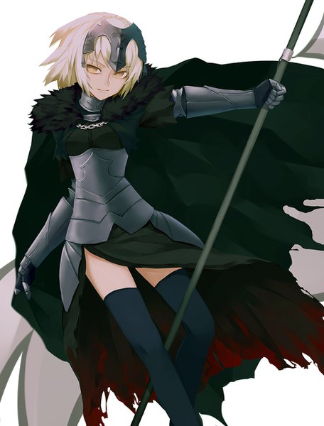 Anime picture 1000x1314 with fate (series) fate/grand order fate/apocrypha jeanne d'arc (fate) (all) jeanne d'arc alter (fate) zen33n single tall image fringe short hair simple background blonde hair smile hair between eyes white background holding yellow eyes looking away bent knee (knees) parted lips