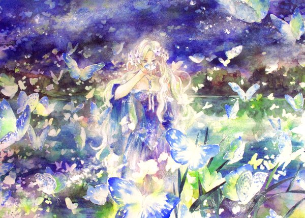 Anime picture 1409x1006 with original oyabin single long hair blonde hair bare shoulders hair flower night wavy hair traditional media watercolor (medium) lake girl dress hair ornament plant (plants) pendant insect butterfly