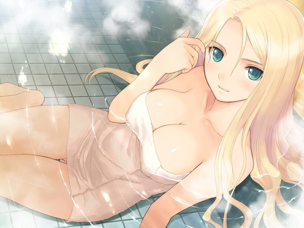 Anime picture 1024x768 with fault!! date wingfield reiko tony taka long hair breasts light erotic blonde hair green eyes game cg naked towel girl towel