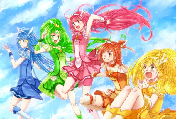 Anime picture 1684x1140 with precure smile precure! toei animation aoki reika kise yayoi midorikawa nao hoshizora miyuki hino akane (smile precure!) cure beauty cure peace cure happy cure march cure sunny wokashi long hair blush short hair open mouth blue eyes blonde hair