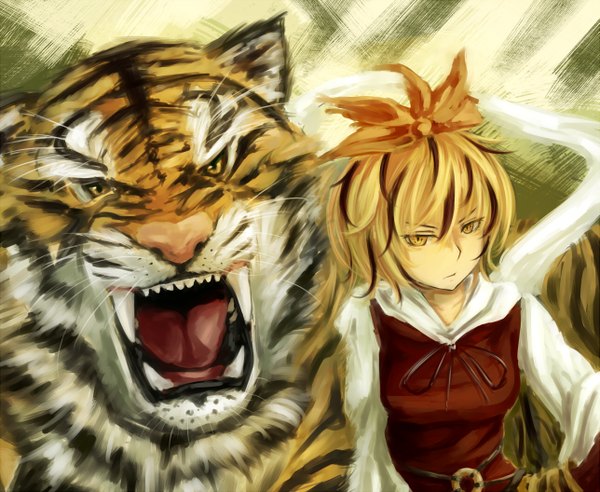 Anime picture 1287x1056 with touhou toramaru shou short hair blonde hair yellow eyes teeth fang (fangs) girl bow hair bow animal tiger