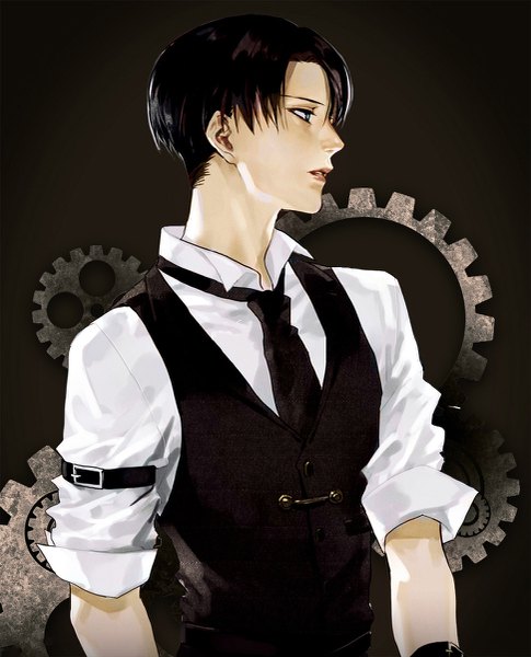Anime picture 971x1200 with shingeki no kyojin production i.g levi (rivaille) par single tall image fringe short hair black hair simple background looking away parted lips profile grey eyes black background twisty sleeves boy shirt necktie white shirt