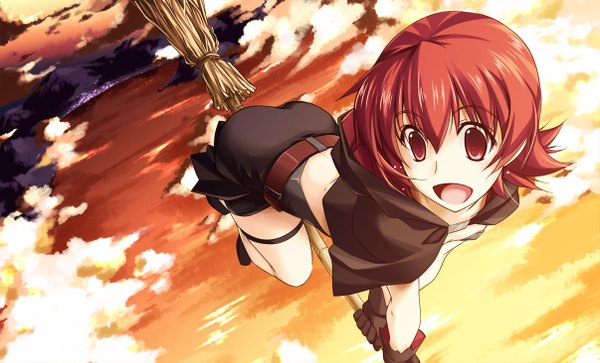 Anime picture 1205x731 with original shikei single short hair open mouth red eyes wide image looking away cloud (clouds) red hair flying broom riding girl skirt gloves black gloves belt sea mantle