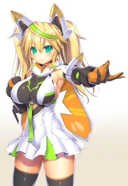 Anime picture 1500x2176 with phantasy star phantasy star online 2 sega gene (pso2) asamura hiori single long hair tall image looking at viewer blush breasts light erotic simple background blonde hair smile large breasts white background twintails green eyes multicolored hair