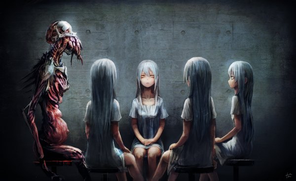 Anime picture 1200x735 with original toi (number8) long hair blonde hair wide image sitting multiple girls yellow eyes silver hair dark background looking up girl dress blood t-shirt 4 girls monster