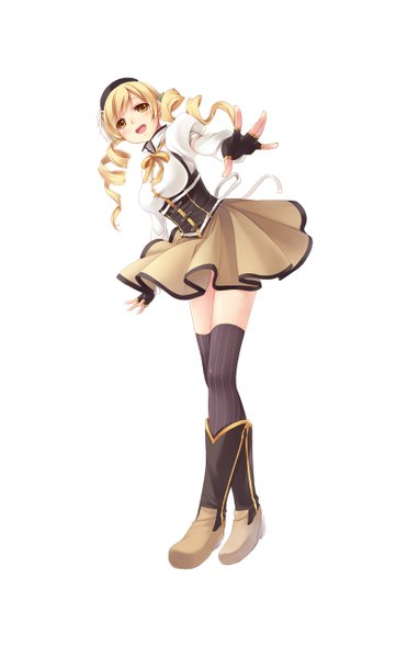 Anime picture 783x1300 with mahou shoujo madoka magica shaft (studio) tomoe mami itou nanami single long hair tall image blush open mouth simple background blonde hair smile white background yellow eyes drill hair underbust girl thighhighs dress gloves