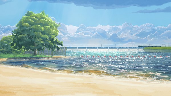 Anime picture 1920x1080 with everlasting summer iichan eroge arsenixc vvcephei highres wide image game cg sky cloud (clouds) wallpaper no people landscape scenic collaboration plant (plants) tree (trees) sea bridge