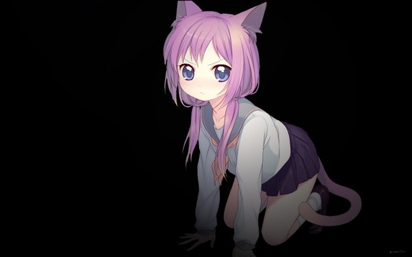 Anime picture 1920x1200 with original namori kimura daisuke long hair fringe highres blue eyes wide image animal ears purple hair full body tail cat girl black background >:( girl serafuku