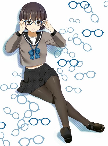 Anime picture 866x1169 with original mattaku mousuke single tall image short hair black hair black eyes girl skirt uniform pantyhose glasses serafuku