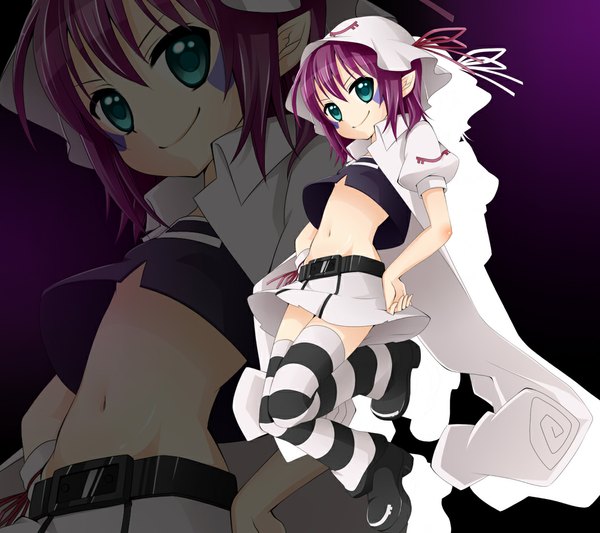 Anime picture 1062x944 with yumekui merry merry nightmare kuune rin short hair green eyes purple hair pointy ears midriff hand on hip zoom layer purple background girl thighhighs navel hat striped thighhighs