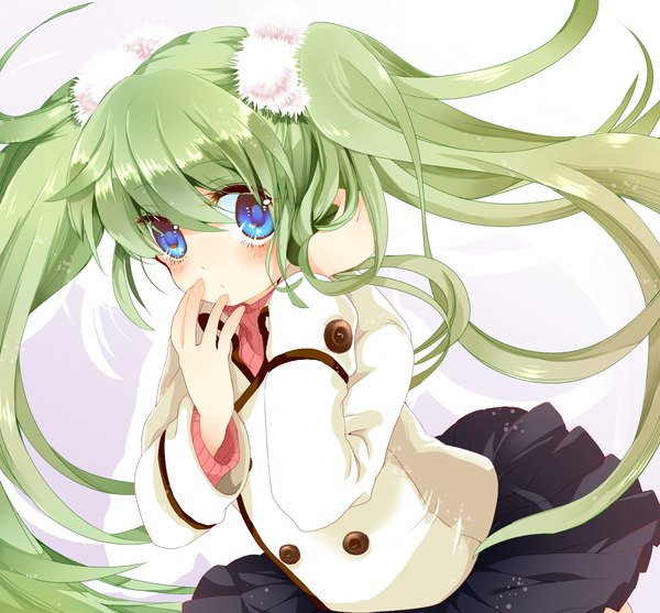 Anime picture 1400x1300 with vocaloid hatsune miku paranato (artist) single long hair blue eyes white background twintails green hair loli girl skirt miniskirt