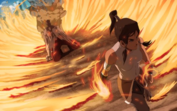 Anime picture 1280x800 with avatar: the legend of korra korra kyubisharingan long hair blue eyes brown hair wide image sky cloud (clouds) ponytail braid (braids) twin braids magic smoke muscle girl boy fire fist