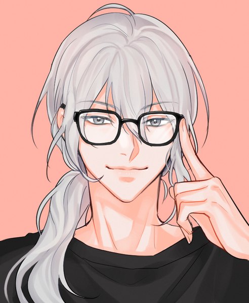 Anime picture 676x824 with original jyun (pixiv14105493) single long hair tall image fringe simple background hair between eyes silver hair portrait low ponytail pink background silver eyes adjusting glasses boy glasses