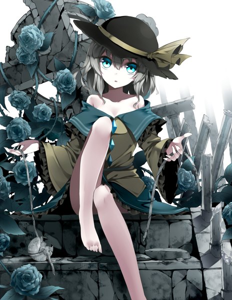 Anime picture 778x1005 with touhou komeiji koishi bon (artist) single tall image looking at viewer short hair sitting bare shoulders parted lips barefoot aqua eyes grey hair ruins crack girl flower (flowers) hat rose (roses) cross