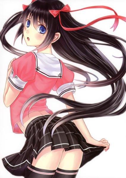 Anime picture 2151x3042 with kazuharu kina long hair tall image blush highres blue eyes black hair simple background white background girl thighhighs skirt uniform ribbon (ribbons) bow black thighhighs hair bow hair ribbon school uniform miniskirt