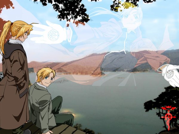 Anime picture 1024x768 with fullmetal alchemist studio bones edward elric alphonse elric long hair short hair blonde hair sitting green eyes ponytail looking back light smile multiple boys spread arms landscape zoom layer boy gloves uniform plant (plants)