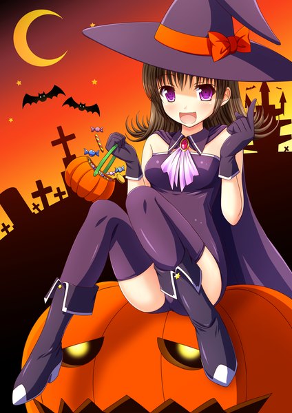 Anime picture 827x1169 with original kk-sk-ray single long hair tall image looking at viewer blush open mouth black hair purple eyes halloween witch girl thighhighs dress gloves bow black thighhighs hat animal