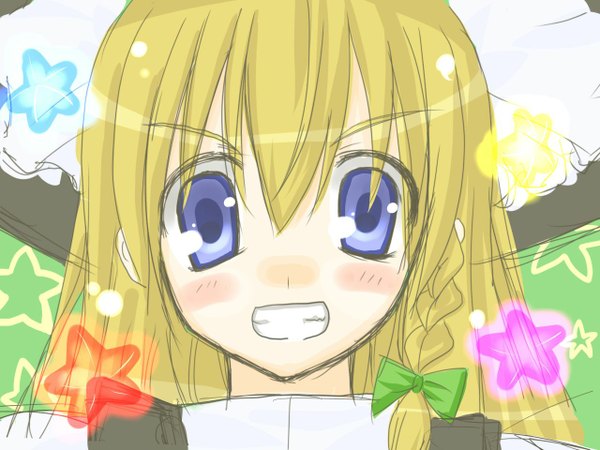 Anime picture 1280x960 with touhou kirisame marisa hiraga matsuri blue eyes blonde hair braid (braids) grin girl hat star (symbol) witch hat