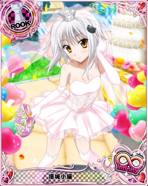 Anime picture 640x800 with highschool dxd toujou koneko single tall image blush short hair breasts yellow eyes white hair loli flat chest card (medium) girl thighhighs dress gloves flower (flowers) white thighhighs elbow gloves white gloves