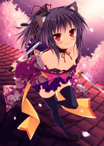 Anime picture 800x1119 with original minatsuki alumi single long hair tall image blush black hair smile red eyes bare shoulders holding animal ears tail animal tail pleated skirt from above cat ears cat girl cat tail cherry blossoms