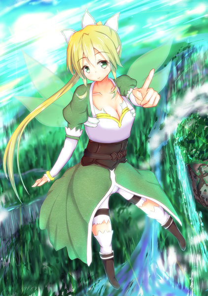 Anime picture 1000x1420 with sword art online a-1 pictures leafa shirotaso0818 single long hair tall image blonde hair green eyes ponytail pointy ears elf girl thighhighs white thighhighs wings boots