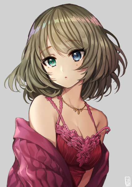 Anime picture 643x908 with idolmaster idolmaster cinderella girls takagaki kaede gambe single tall image looking at viewer fringe short hair blue eyes simple background brown hair bare shoulders green eyes upper body parted lips head tilt grey background mole :o