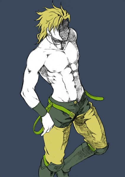 Anime picture 566x800 with jojo no kimyou na bouken dio brando chounorin single tall image short hair light erotic blonde hair simple background from above dark background topless shaded face muscle abs open pants boy pants wristlet