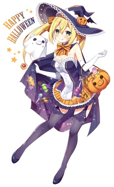 Anime picture 550x901 with original sumisaki yuzuna single long hair tall image looking at viewer blush fringe simple background blonde hair smile hair between eyes white background twintails full body halloween happy halloween checkerboard cookie girl thighhighs
