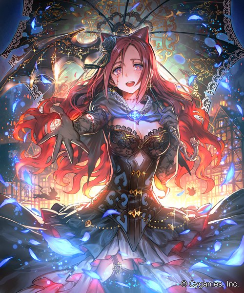 Anime picture 3000x3600 with shingeki no bahamut ceres (shingeki no bahamut) okada manabi single long hair tall image looking at viewer blush fringe highres breasts open mouth smile hair between eyes standing purple eyes holding cleavage outdoors red hair