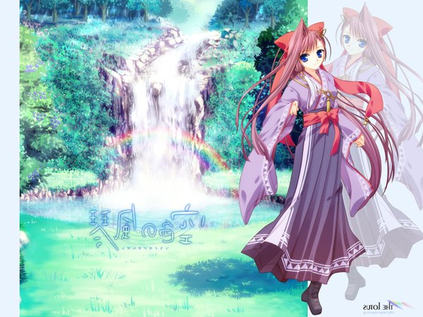 Anime picture 1600x1200 with sorairo no organ (game) millet minase lin single looking at viewer blush blue eyes smile pink hair game cg ponytail very long hair traditional clothes japanese clothes wallpaper waterfall girl bow hair bow water