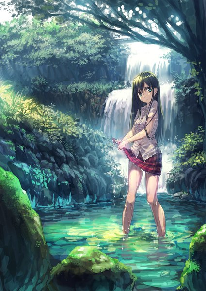Anime picture 1417x2000 with original kamome yuu single long hair tall image looking at viewer blue eyes green hair wet clothes waterfall skirt hold wringing clothes girl skirt plant (plants) shirt tree (trees) water white shirt grass